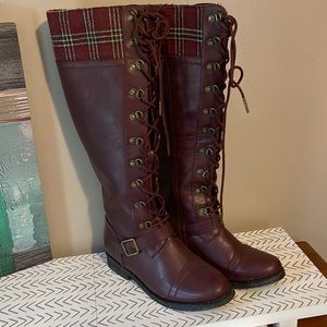 Tall red plaid riding boots